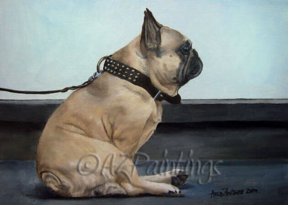 Sitting Pretty Sitting Pretty - an oil painting of a French Bulldog wearing a studded collar and leather lead, sitting waiting