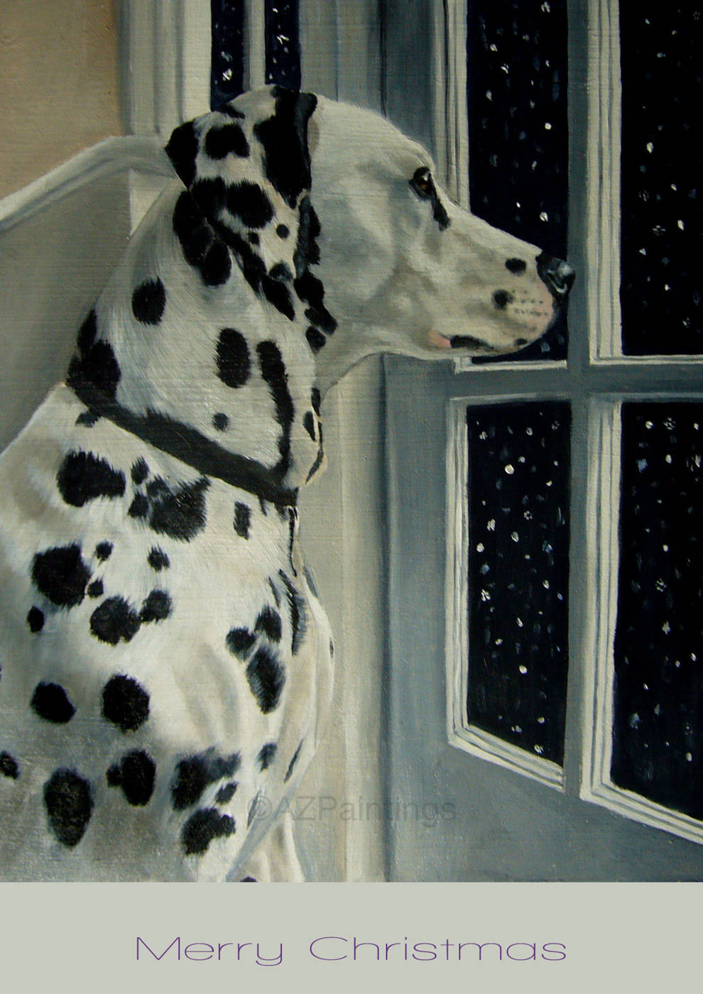 A Dalmatian looking out at falling snow