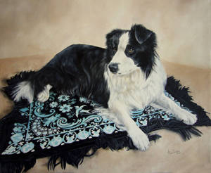 Oil painting of a border collie lying on a patterned rug