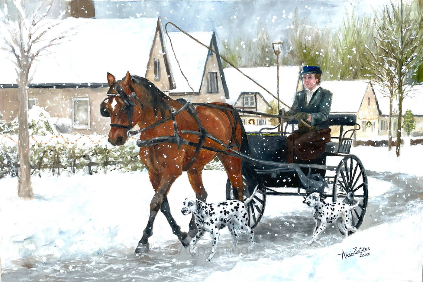 A woman driving a horse-drawn carriage through the snow, accompanied by two Dalmatians